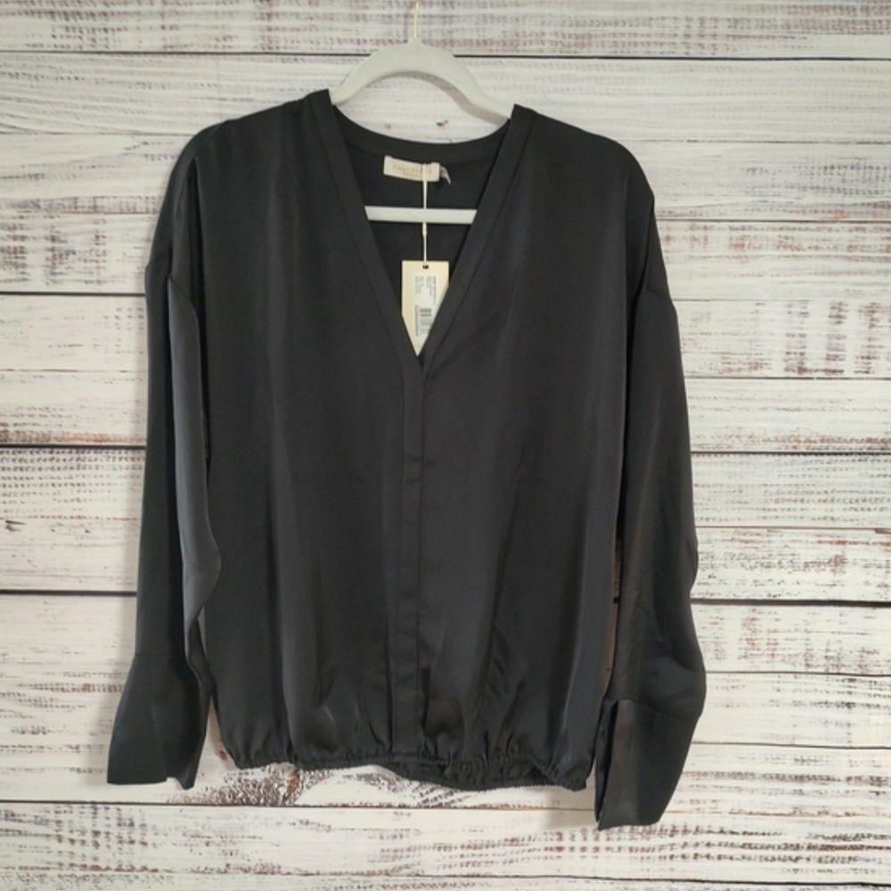 Ramy Brook Black V-Neck Satin Blouse Medium NWT Long Sleeve Slit Cuff